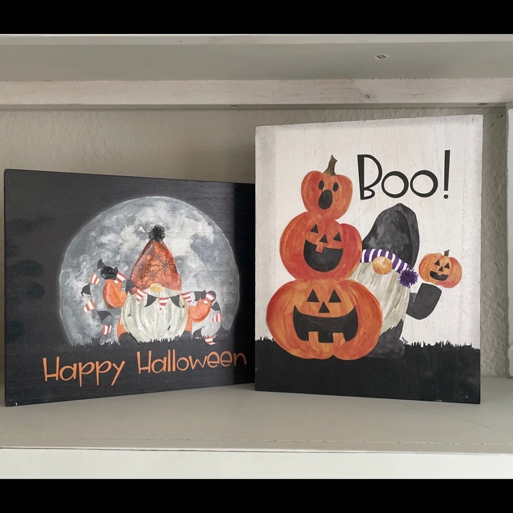 Two Halloween gnome decor signs 10x8